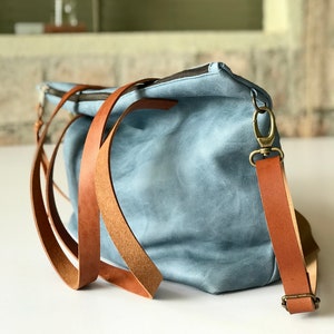 Large Blue Leather bag with zip and inside lining. Handmade. Minimalist leather bag.