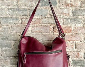 Convertible Leather Bag - Backpack - Burgundy color - Handmade - Donos backpack