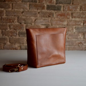 Small COGNAC / TAN Crossbody leather bag with outside pocket and Zipper. Handmade. image 3