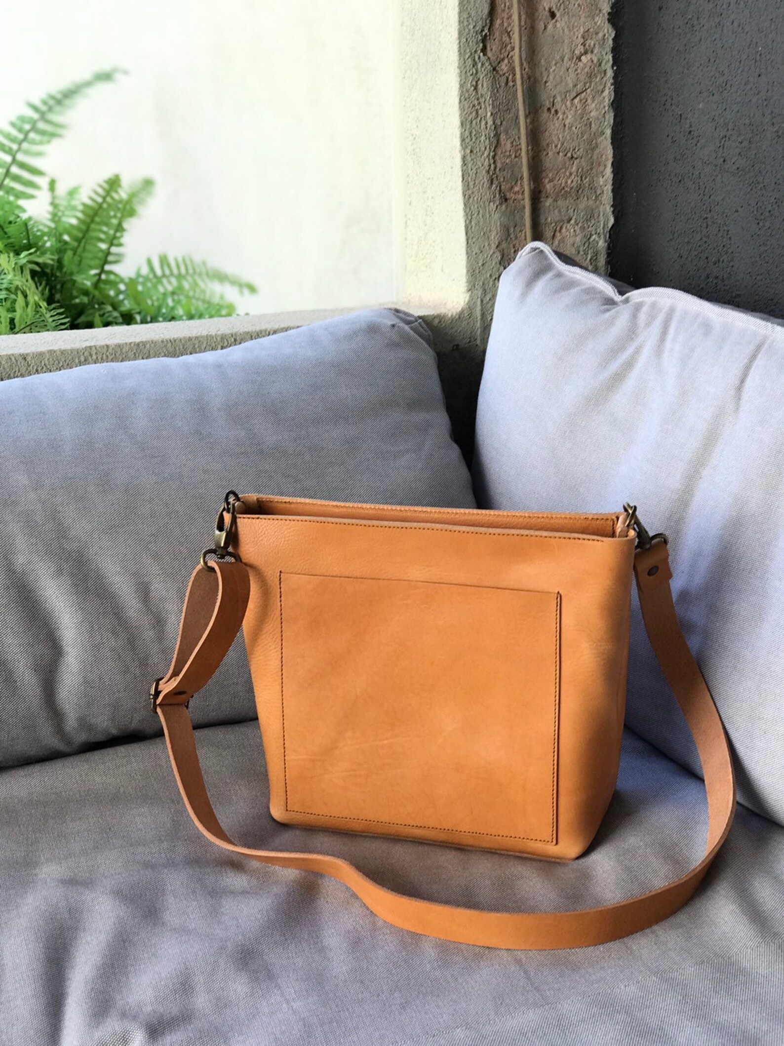 Small Crossbody bag in Camel Leather with outside pocket and Etsy
