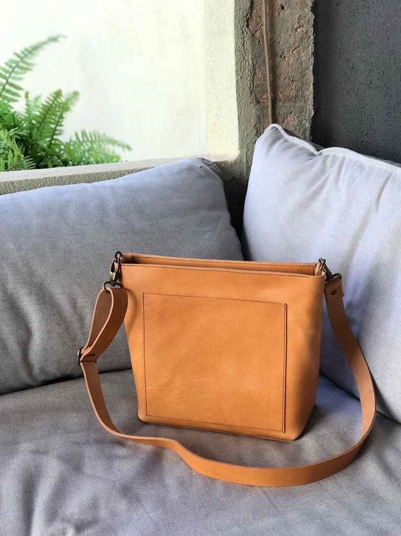 Small Crossbody Bag in Camel Leather With Outside Pocket and Etsy