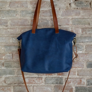 Large Navy Blue Leather bag with zip and inside lining. Handmade. Minimalist leather bag.