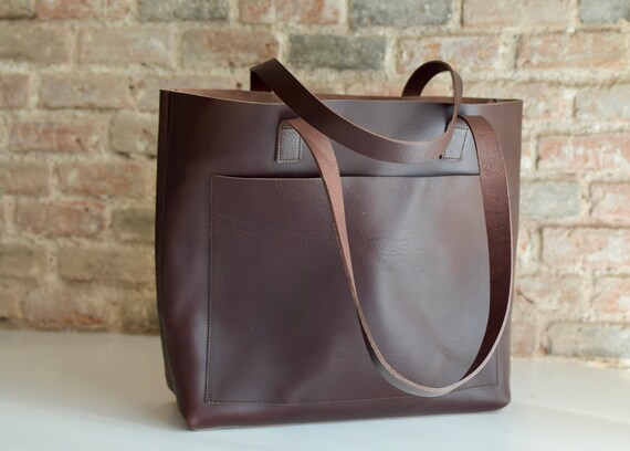 Leather Tote Bag With Large Outside Pocket. 4 Colors 