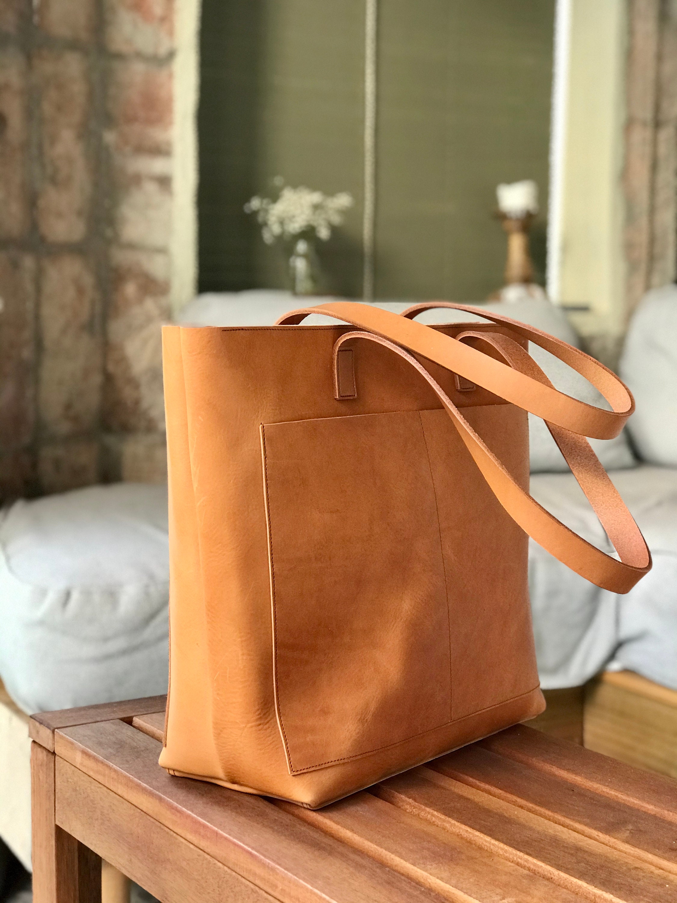 Oversized Camel Leather Tote Bag with Outside Pockets. Cap SA Sal Bag. Handmade