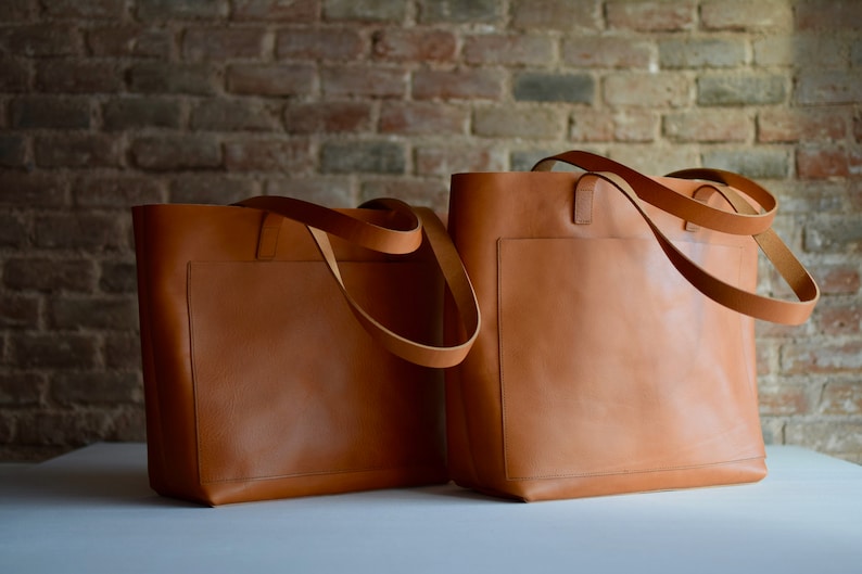 Oversized Camel Leather tote bag with outside pockets. Cap Sa Etsy