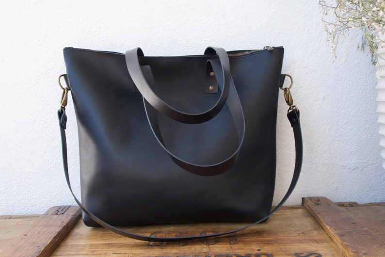 Large Black Leather bag with zip and removable Cross Body Strap. Handmade. Zipper. Minimalist leather bag. image 5