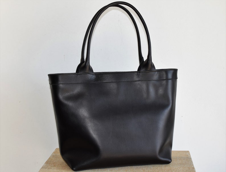 Black Leather Tote Bag With Zipper and Inside Lining. Leather Etsy