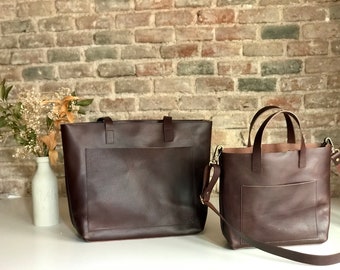 Leather tote bag with outside pocket. 4 sizes and 4 colors available. Cap Sa Sal Collection Bag. Handmade.