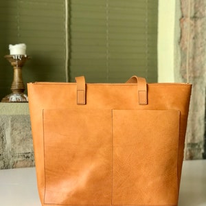 Oversized Camel Leather tote bag with outside pockets. Cap Sa Sal Bag. Handmade. image 10