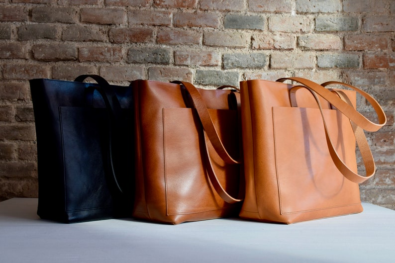 Tan / Cognac Leather tote bag with large outside pocket. | Etsy