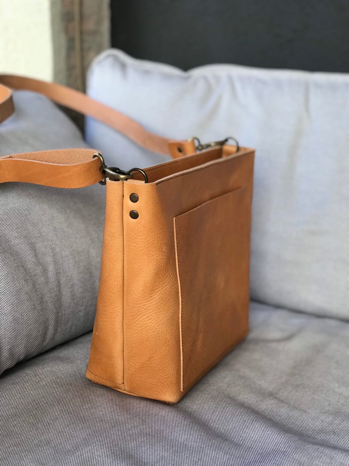 Small Crossbody bag in Camel Leather with outside pocket and Etsy