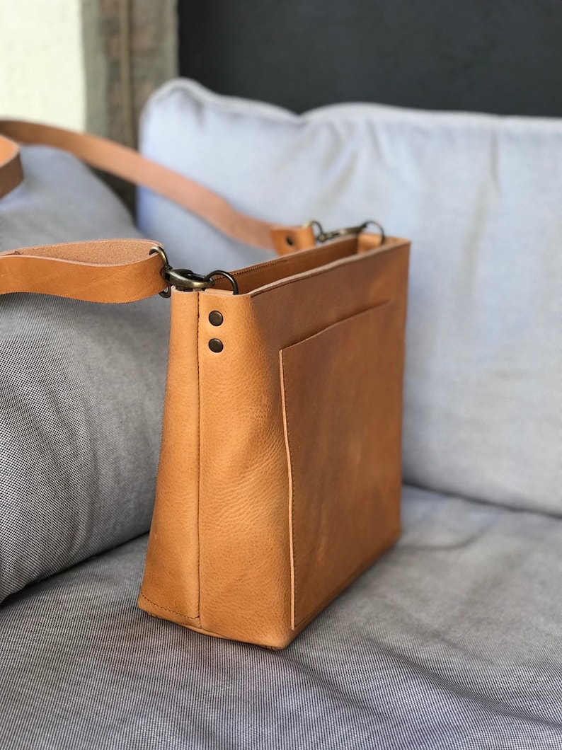 Small Crossbody Bag in Camel Leather With Outside Pocket and Etsy