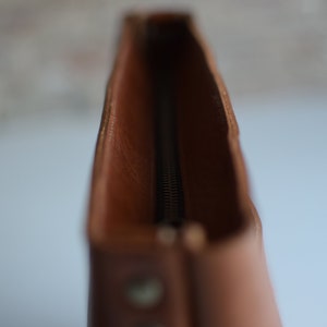 Small COGNAC / TAN Crossbody leather bag with outside pocket and Zipper. Handmade. image 6