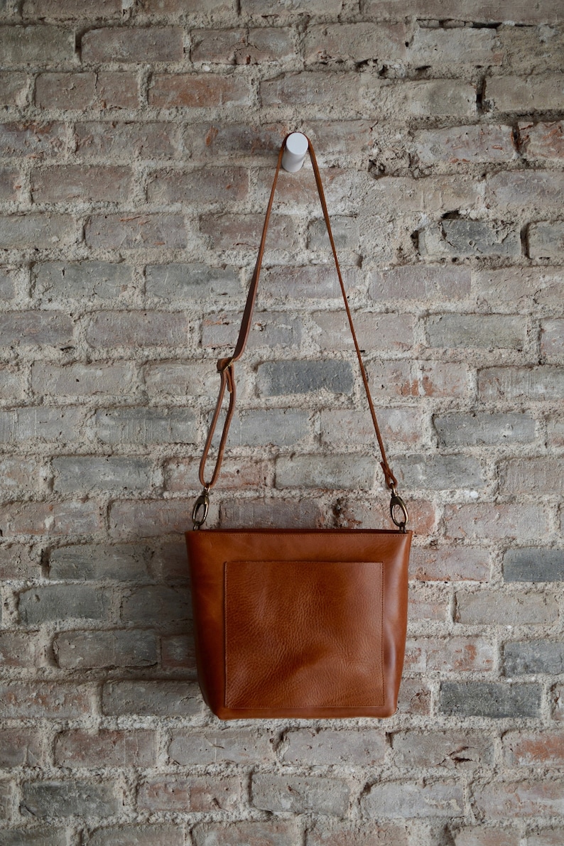 Small COGNAC / TAN Crossbody leather bag with outside pocket and Zipper. Handmade. image 1