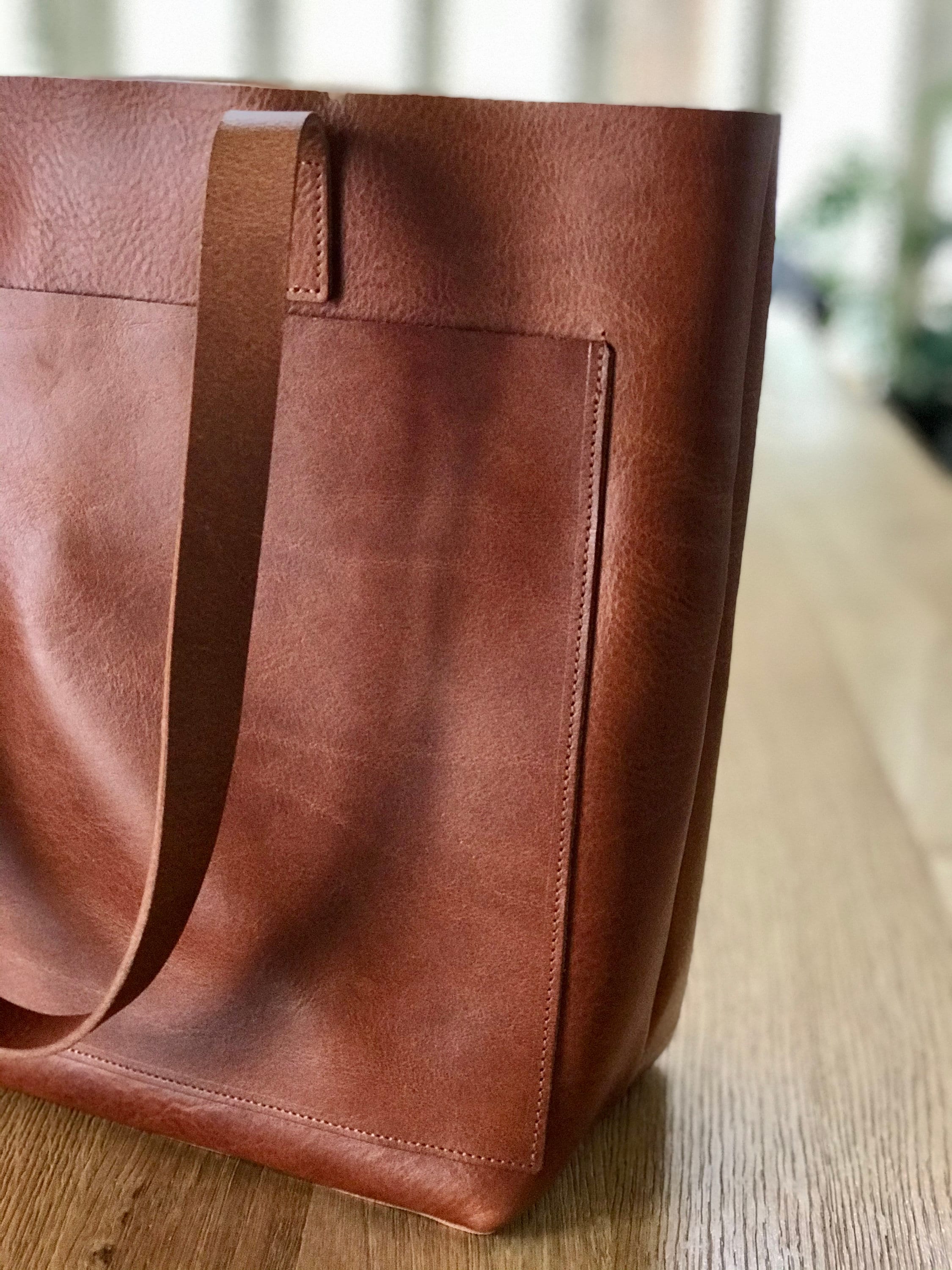 Large Tan / Cognac Leather Tote Bag With Large Outside Pocket. -  Sweden