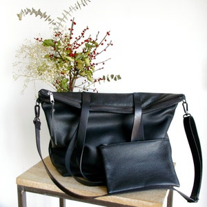 Oversized Soft Black Leather bag with zip, Cross Body Strap and CLUTCH. Handmade.