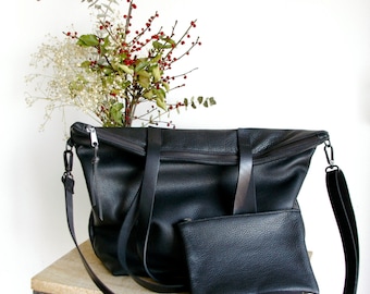 Oversized Soft Black Leather bag with zip, Cross Body Strap and CLUTCH. Handmade.