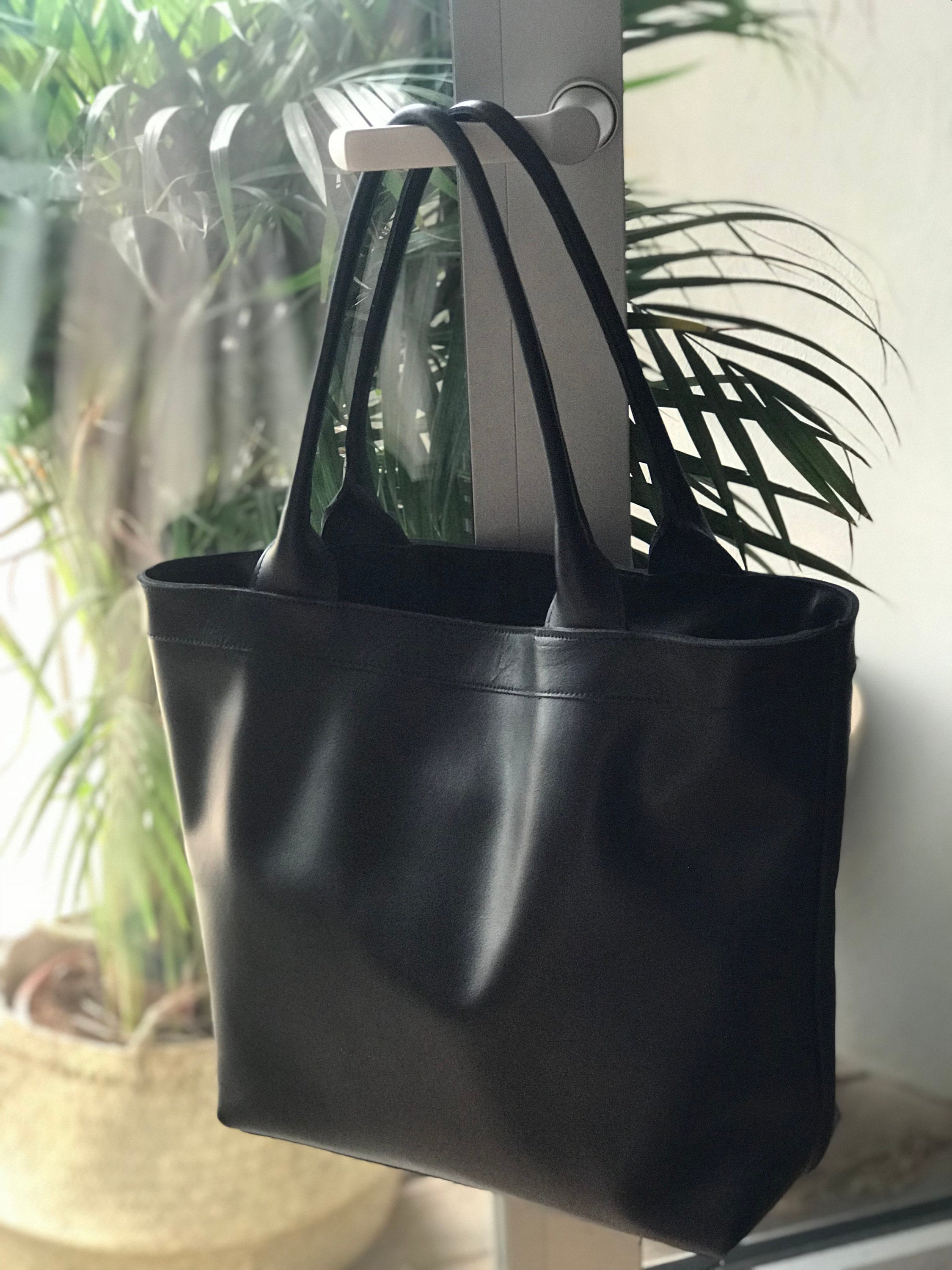 Extra LARGE Leather TOTE Bag With Pockets and ZIPPER / Black 