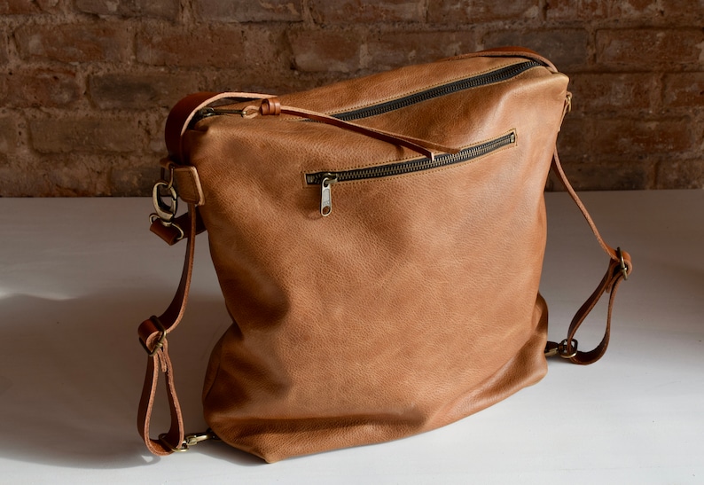 Convertible Leather Bag Backpack Light Brown Handmade Donos backpack image 4