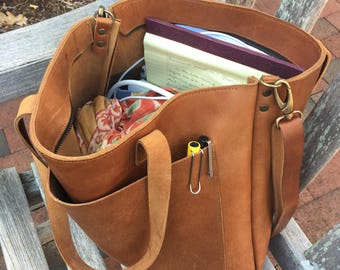 Camel Leather tote bag with large outside pocket. Cap Sa Sal Bag. Handmade.