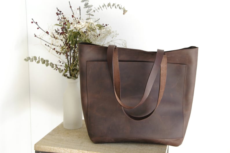Larger Dark Brown Leather tote bag with big outside pocket. | Etsy