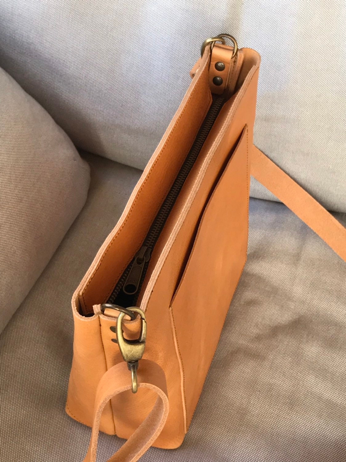 Small Crossbody Bag in Camel Leather With Outside Pocket and Small Crossbody Bag in Camel Leather With Outside Pocket and