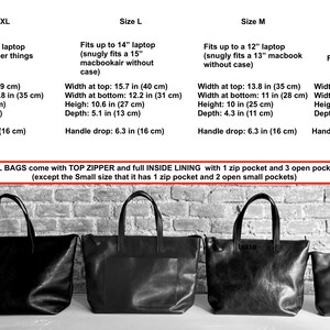 May include: Four black leather tote bags of different sizes, with measurements listed for each size. The bags have top zippers and inside lining. The text reads: "ALL BAGS come with TOP ZIPPER and full INSIDE LINING with 1 zip pocket and 3 open pockets (except the Small size that it has 1 zip pocket and 2 open small pockets)"
