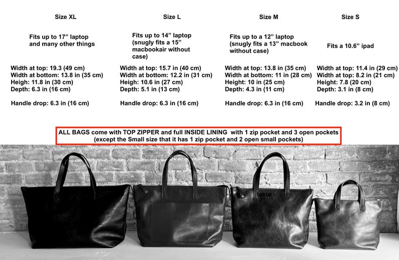 May include: Four black leather tote bags of different sizes, with measurements listed for each size. The bags have top zippers and inside lining. The text reads: "ALL BAGS come with TOP ZIPPER and full INSIDE LINING with 1 zip pocket and 3 open pockets (except the Small size that it has 1 zip pocket and 2 open small pockets)"