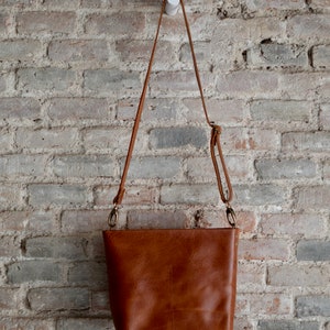 Small COGNAC / TAN Crossbody leather bag with outside pocket and Zipper. Handmade. image 2