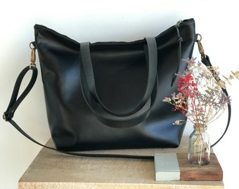Large Black Leather Bag with Zip and Removable Cross Body Strap
