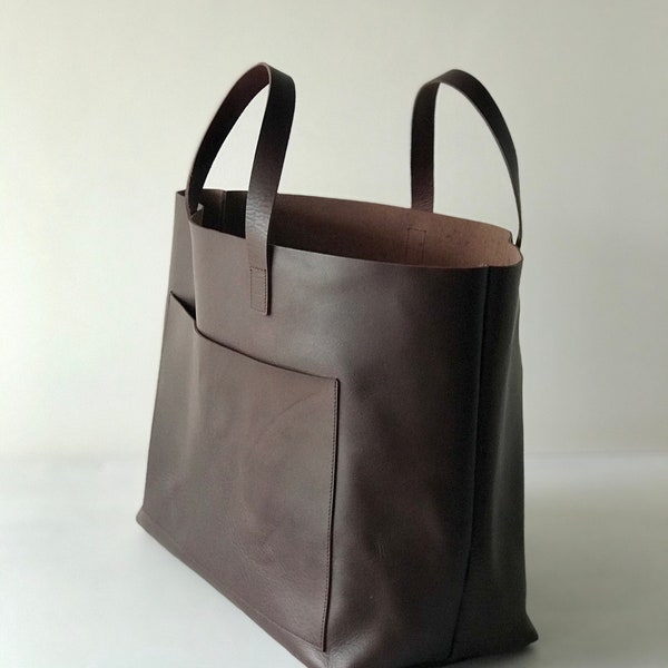 Oversized / Weekender Dunkelbraune Ledertasche mit Außentasche. Cap Sa Sal Tasche. Handarbeit.