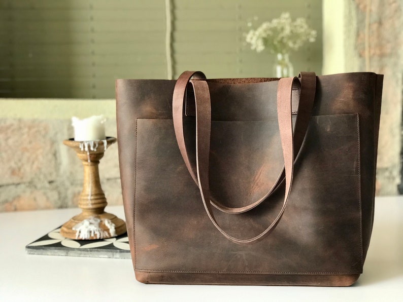 Large Brown Leather tote bag with outside pocket. Cabas | Etsy