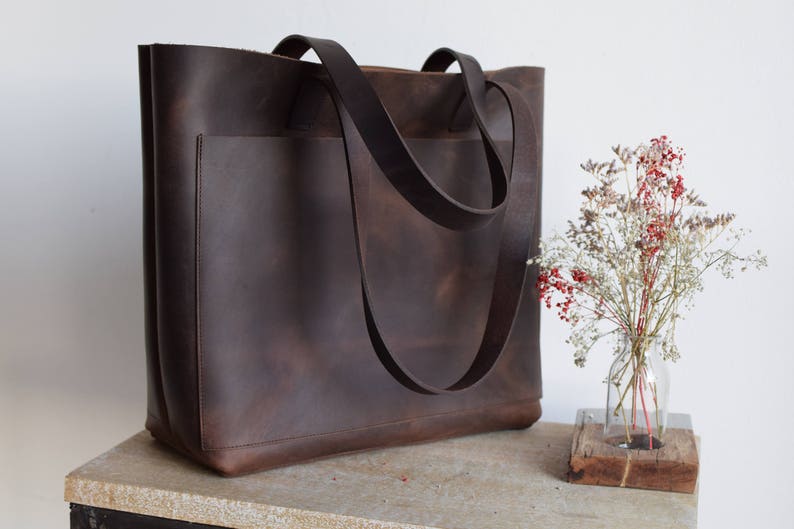 Large Brown Leather tote bag with outside pocket. Cabas | Etsy