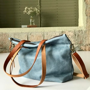 Large Blue Leather bag with zip and inside lining. Handmade. Minimalist leather bag. image 9