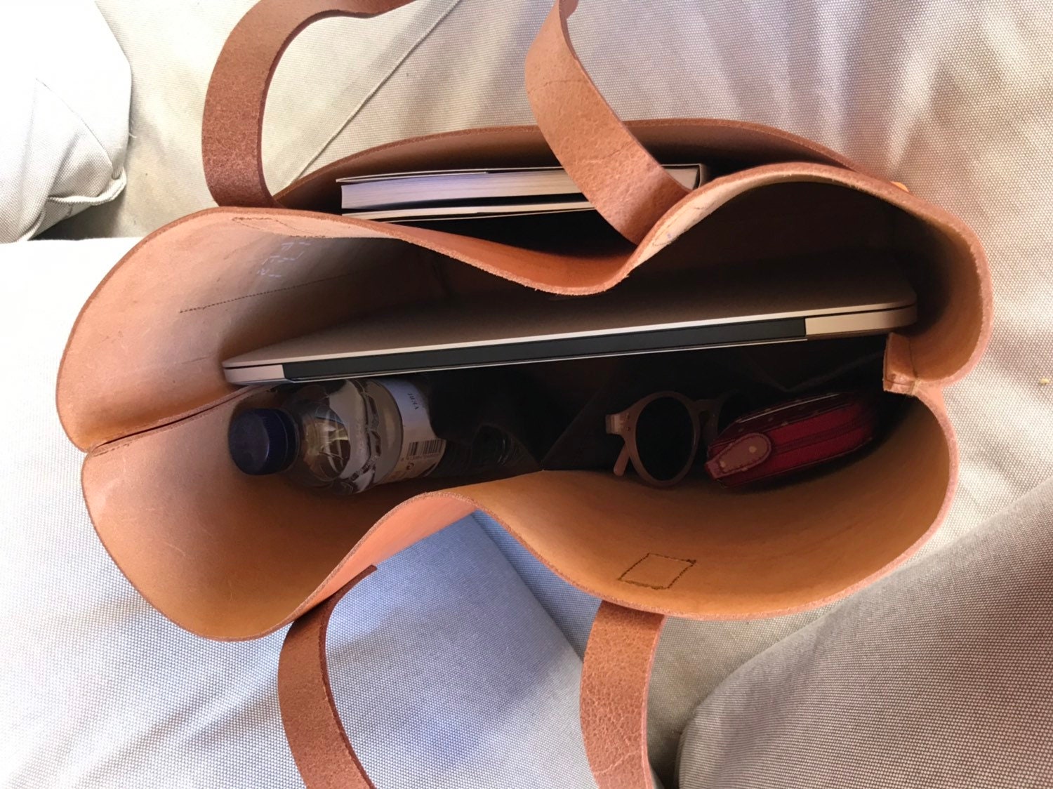 Camel Leather tote bag with large outside pocket. Cap Sa Sal Bag