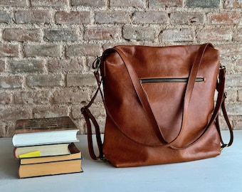 Bolso convertible piel color camel | Mochila & bolso de mano 3 en 1 | Hecho a mano | Donos Tote