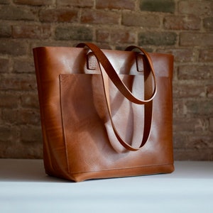 Oversized Cognac Leather tote bag with outside pockets. Cap Sa Sal Bag. Handmade.