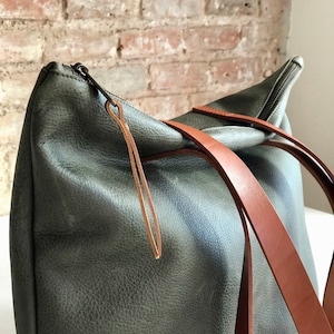 Olive Green Leather Bag with Zip and Inside Lining