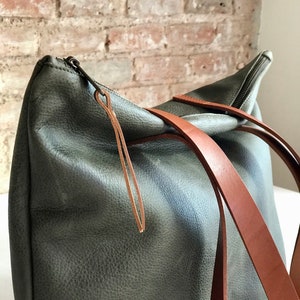 Olive Green Leather Bag with Zip and Inside Lining