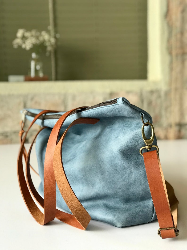 Large Blue Leather bag with zip and inside lining. Handmade. Minimalist leather bag. image 1
