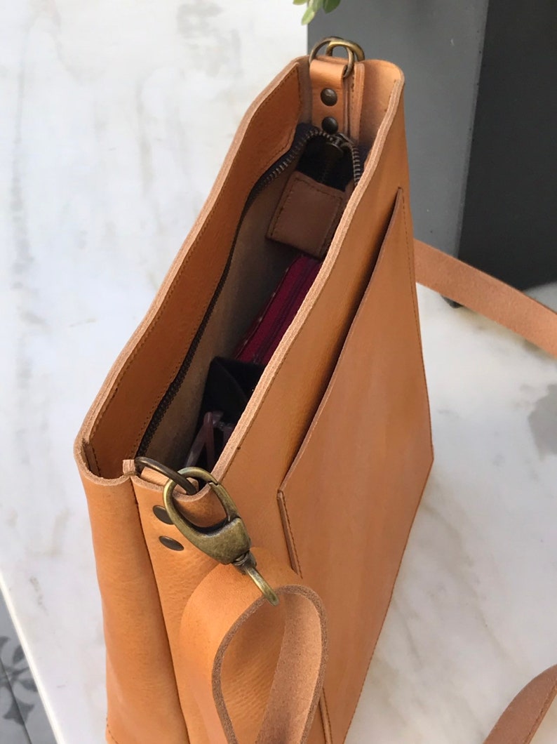 Small Crossbody Bag in Camel Leather With Outside Pocket and Etsy