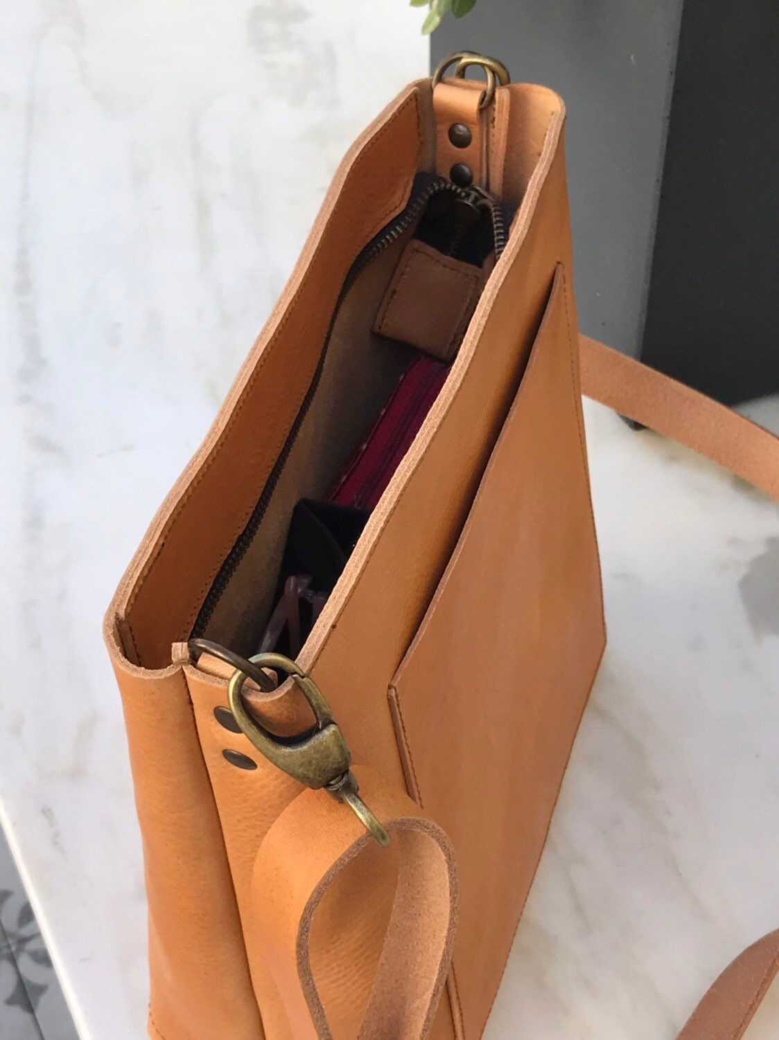 Small Crossbody Bag in Camel Leather With Outside Pocket and Small Crossbody Bag in Camel Leather With Outside Pocket and