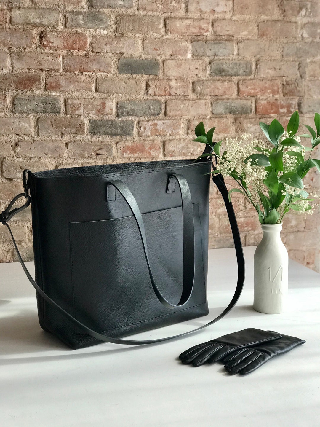 Oversized Black Leather Tote Bag With Outside Pockets. Cap Sa - Etsy
