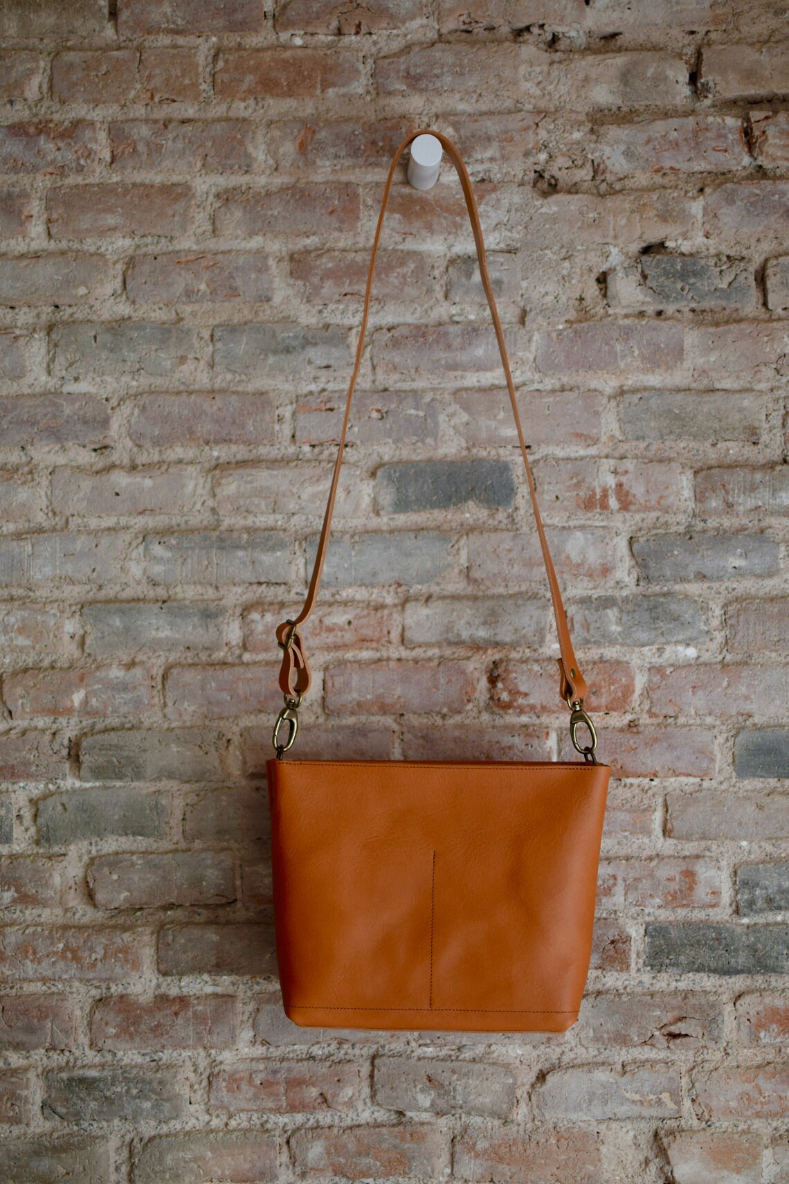 Small Crossbody bag in Camel Leather with outside pocket and Etsy
