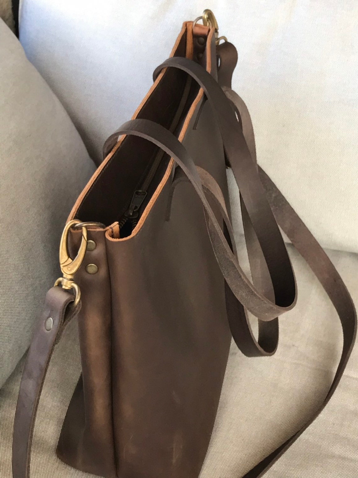 Large Brown Leather tote bag handles sewn. Cabas Illa Etsy