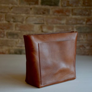 Small COGNAC / TAN Crossbody leather bag with outside pocket and Zipper. Handmade. image 4