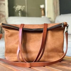 Light Brown Leather bag with zip and inside lining. Handmade. Minimalist leather bag.
