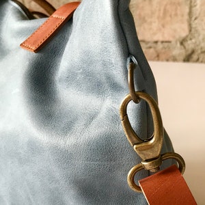 Large Blue Leather bag with zip and inside lining. Handmade. Minimalist leather bag. image 6