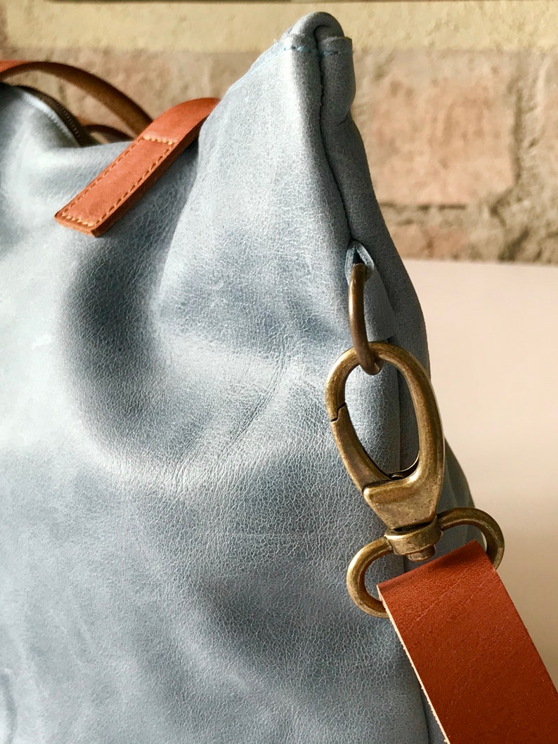 Large Blue Leather bag with zip and inside lining. Handmade. Minimalist leather bag. image 6