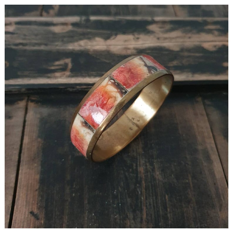 Brass Casing Vintage Apple Coral Inlay Bangle Hippie Boho Style